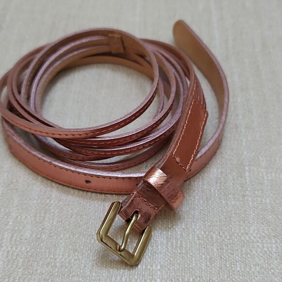 J. Crew Skinny Metallic Copper Leather Belt Square Brass Tone Buckle Size Large - Picture 10 of 10
